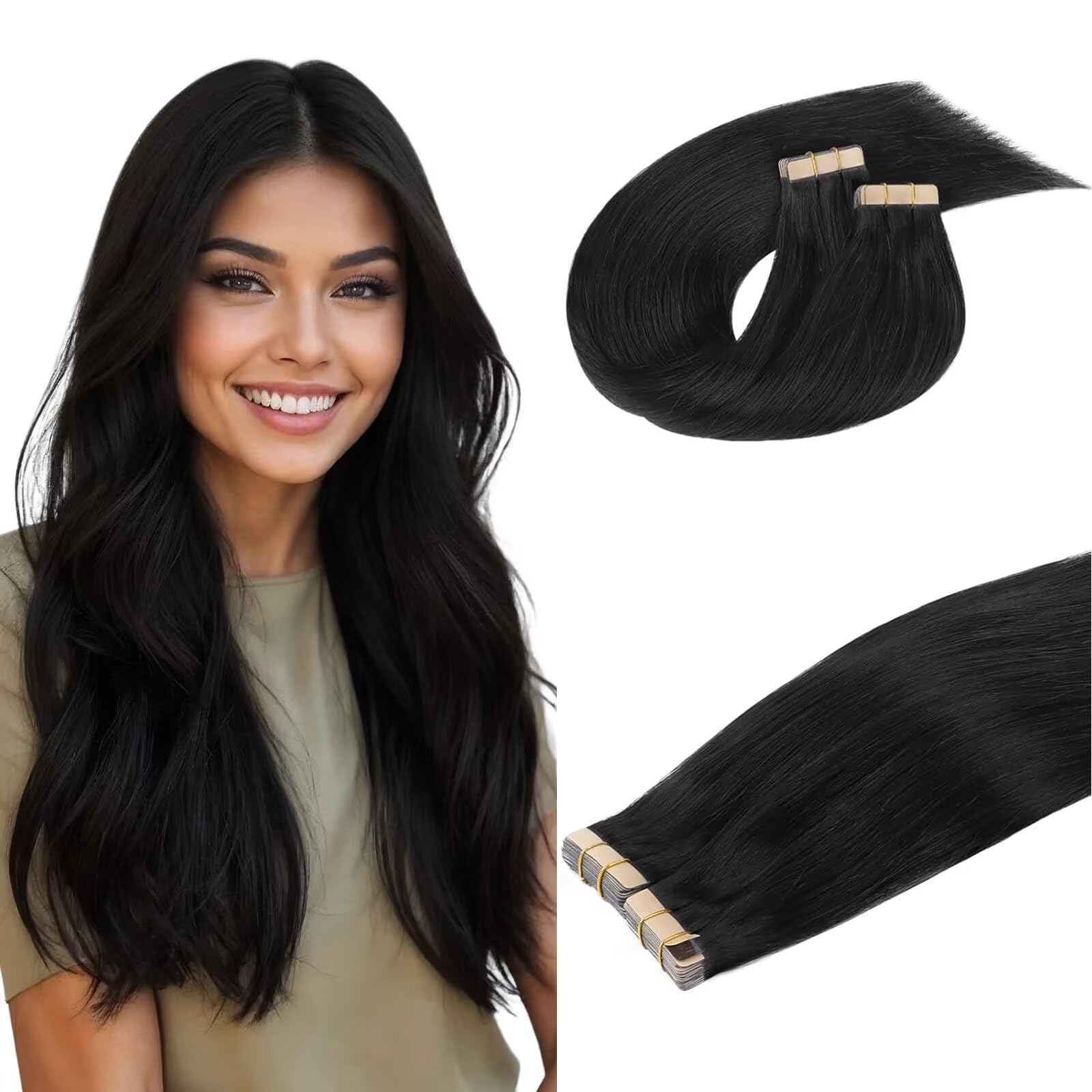 DOORES Human Hair Extensions, Jet Black 20 Inch 100g 40pcs, Tape in Hair Extensions Remy Straight for Women — image 1