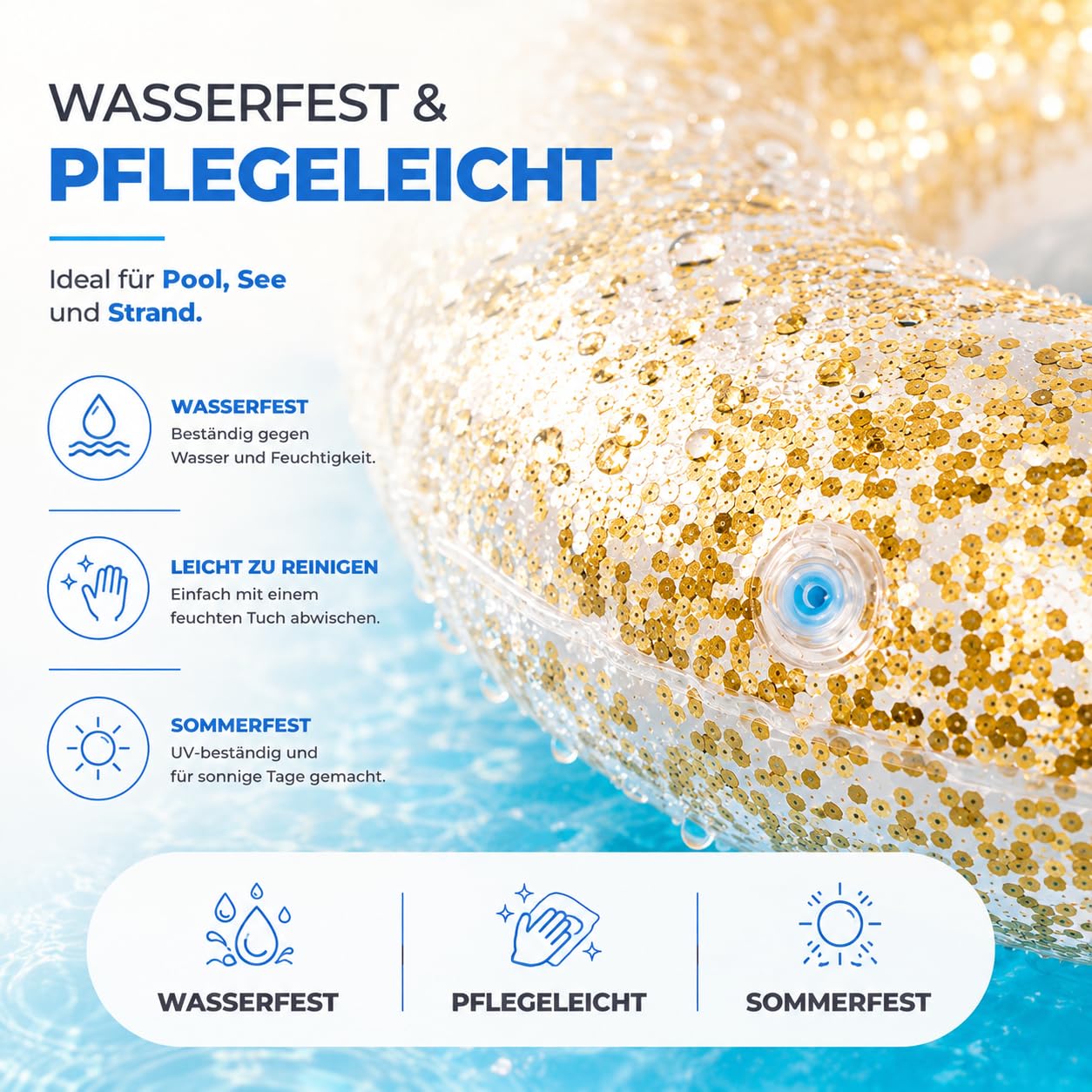 Aufblasbar Schwimmring mit Glitzer Konfetti Ø 120 cm - Schwimmreifen Pool & Wasser, für Erwachsene & Kinder (Schwimmring Glitzer) 5