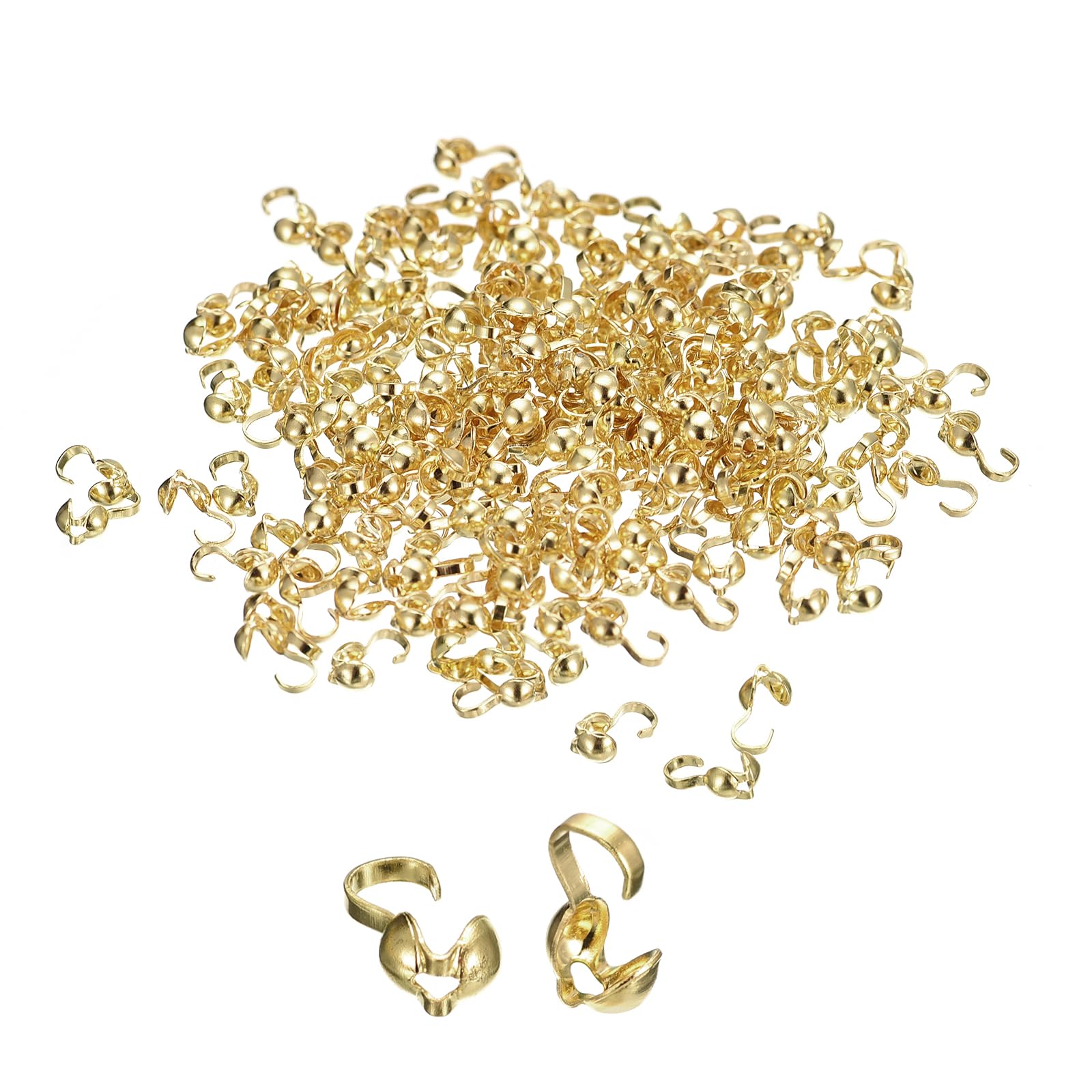 uxcell 200Pcs Open Bead Tips Knot Covers, Metal Clamshell Crimp Fold-Over Calotte Ends Caps for Jewelry Making DIY Crafts (4mm/0.16 Inch Cup, Light Gold)
