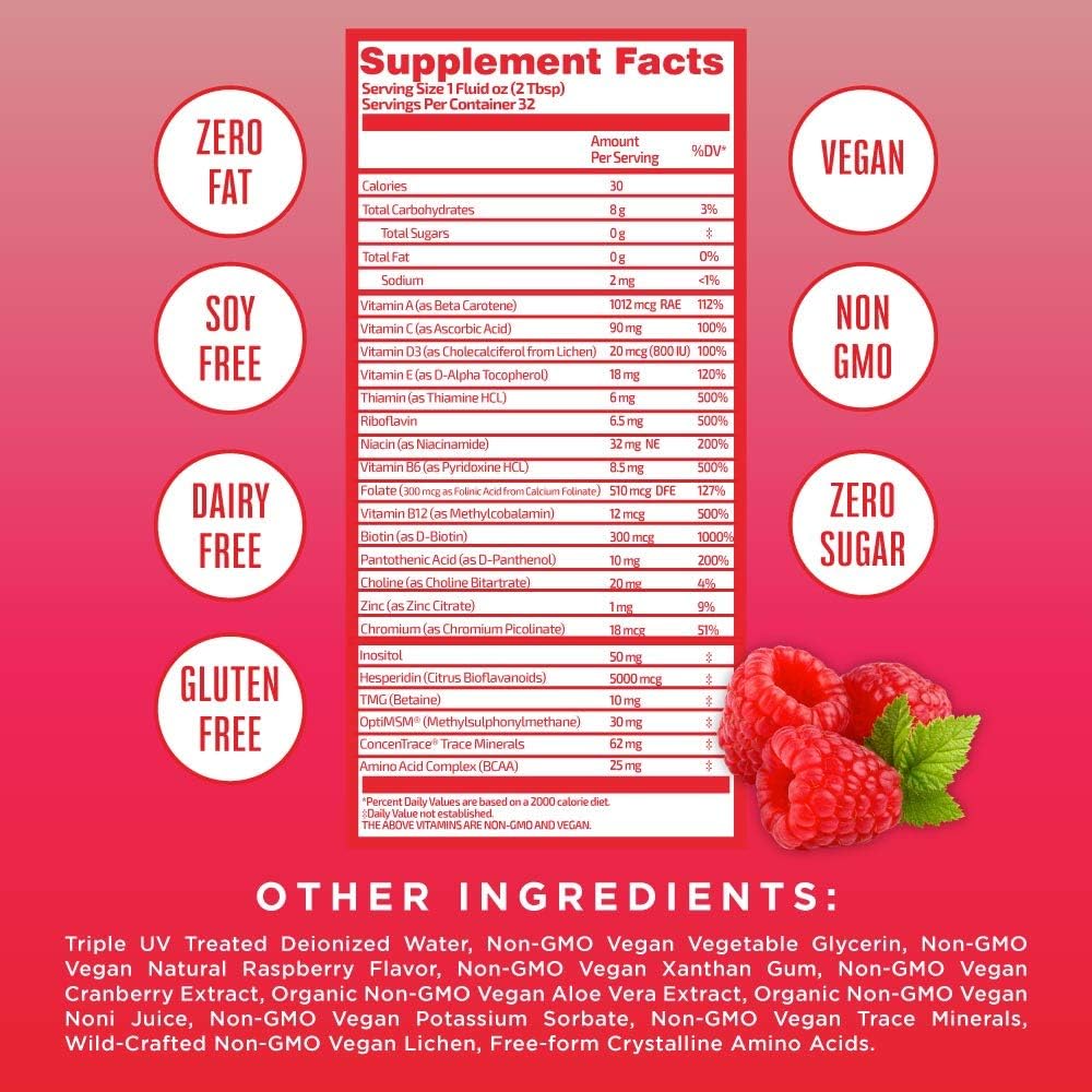Morning Liquid Vitamins by MaryRuth's (Raspberry) Vegan Multivitamin A B C D3 E Trace Minerals & Amino Acids for Energy, Hair, Skin & Nails for Men & Women - Paleo - Gluten Free - 0 Sugar - 32oz: Health & Personal Care