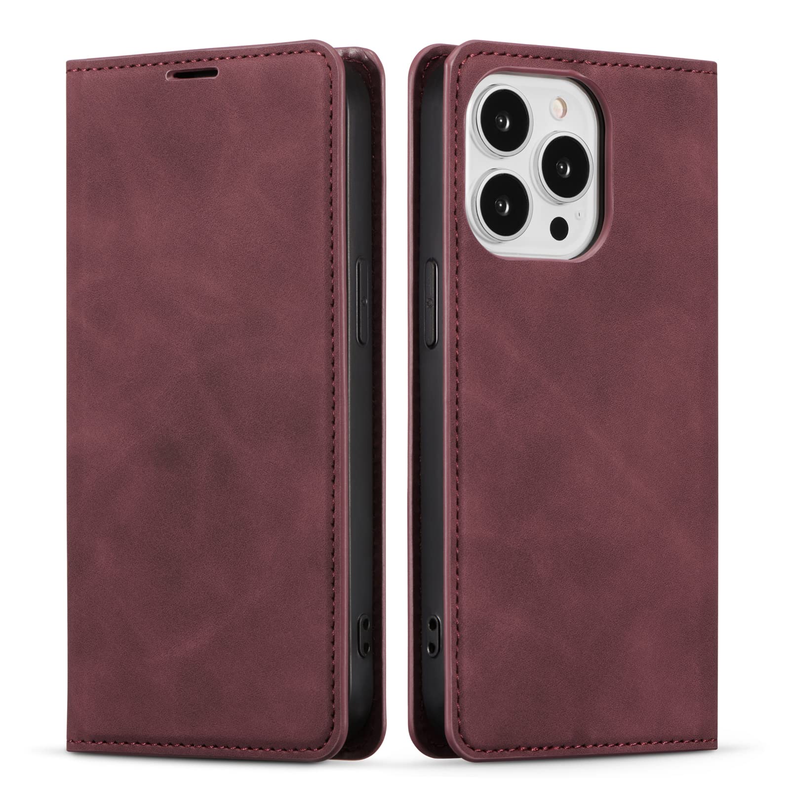 QLTYPRI Case for iPhone 13 Pro Max, Premium PU Leather Cover TPU Bumper with Card Holder Kickstand Hidden Magnetic Adsorption Shockproof Flip Wallet Case for iPhone 13 Pro Max(6.7 inch) - Wine Red