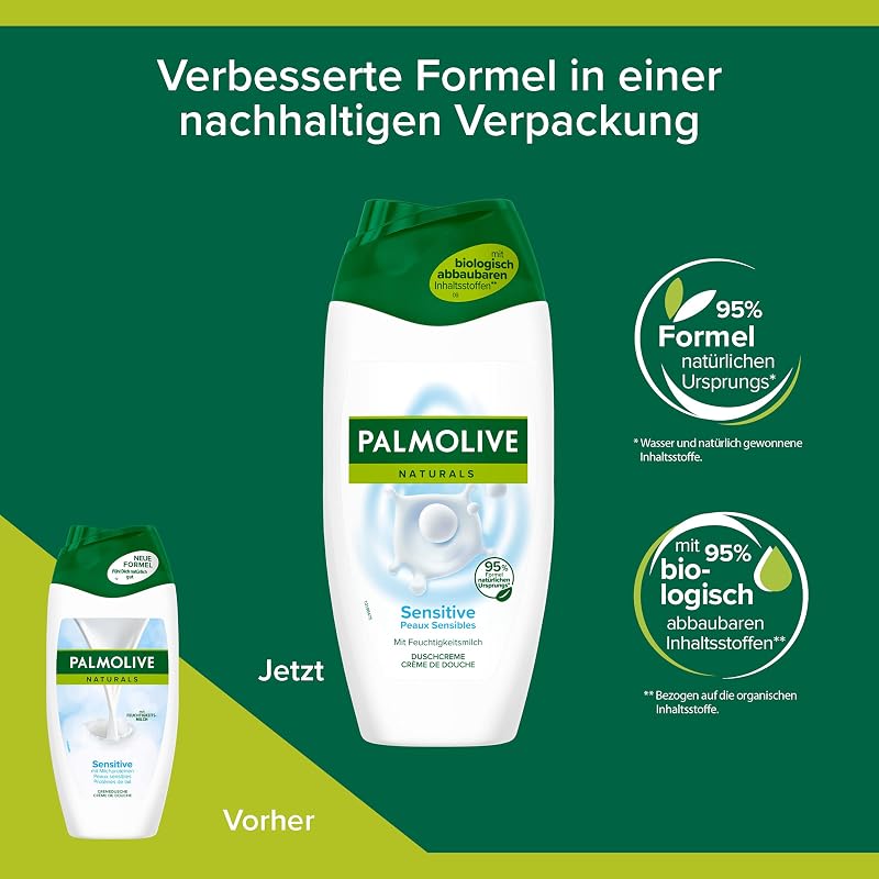 Gel de ducha, natural, para pieles sensibles, 6 x 250 ml, crema de ducha con leche hidratante