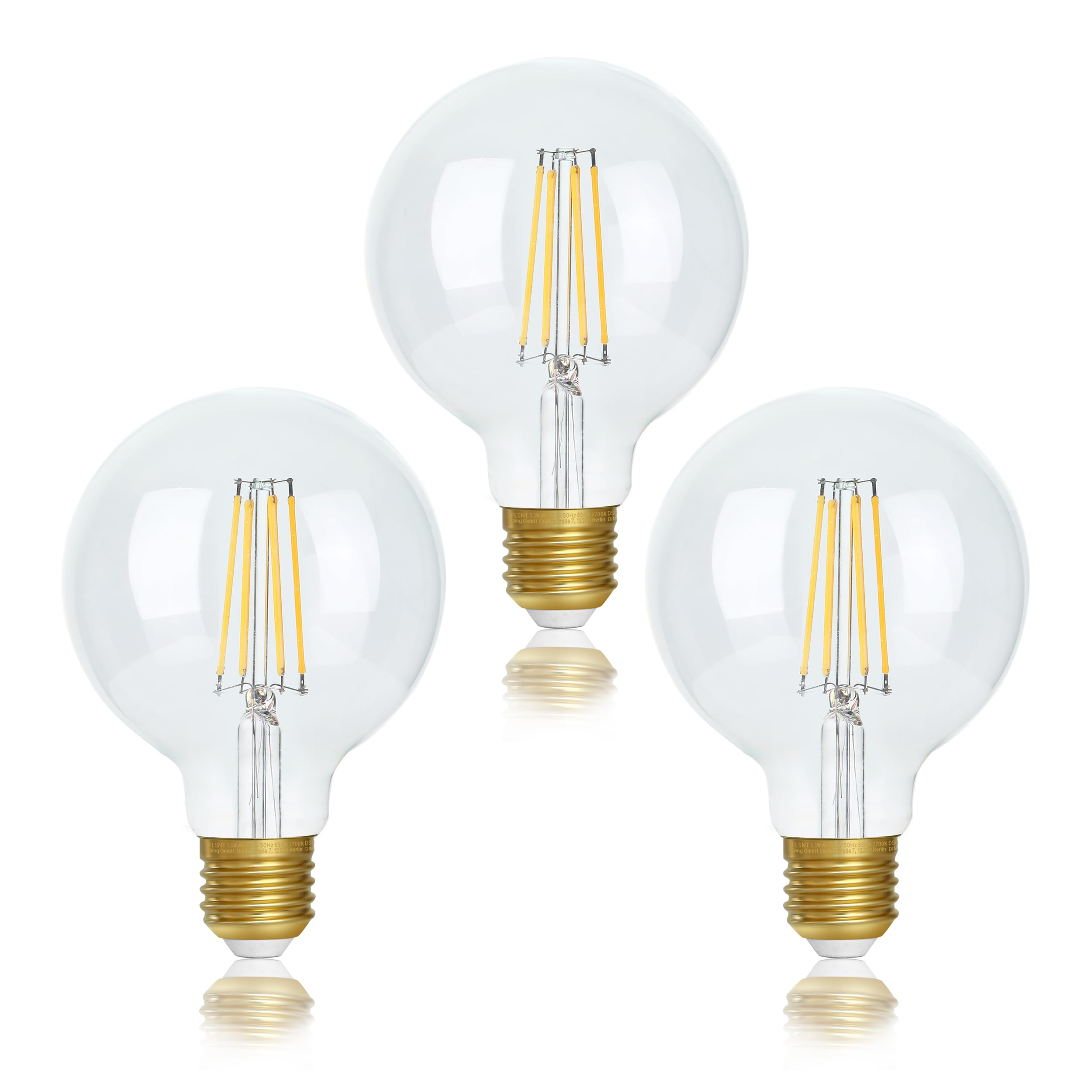 FLSNT Dimmable E27 Screw Bulb 40W, G95 LED Filament Edison Screw in Light Bulb, 5.5W E27 Vintage Light Bulbs Warm White 2700K, Clear Glass, Pack of 3 [Energy Class F]
