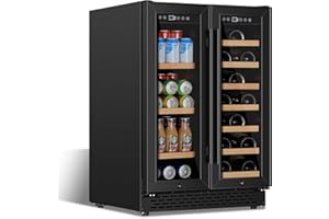 COLOZO 24 Inch Wine and Beverage Refrigerator Under Counter, Dual Zone Black Beverage Fridge with Glass Door&Lock,20 Bottles & 88 Cans Wine and Beverage Cooler, Freestanding Mini Fridge for Bedroom Home