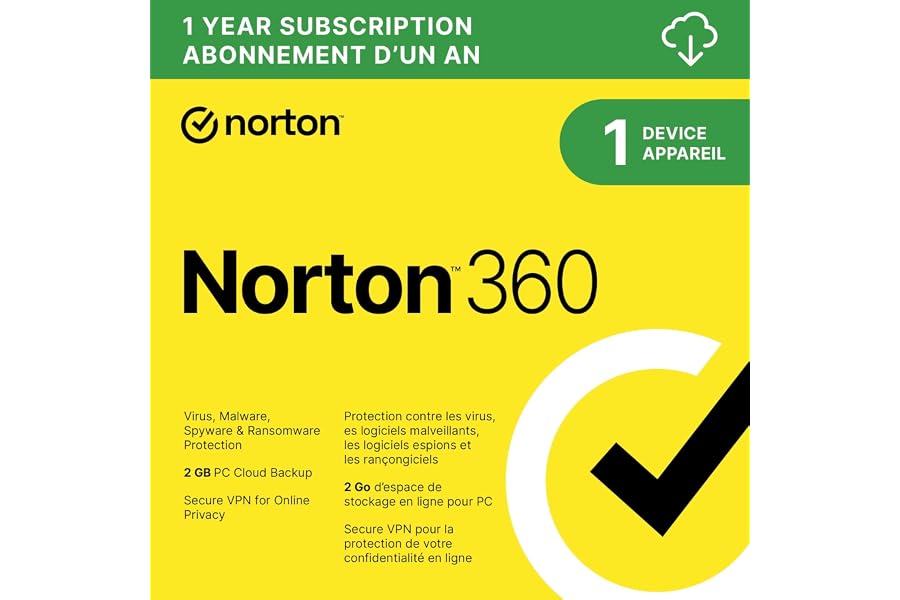 Norton 360 2025, Antivirus software for 1 Device, 1-Year Subscription - Includes VPN, Password Manager and PC Cloud Backup [D