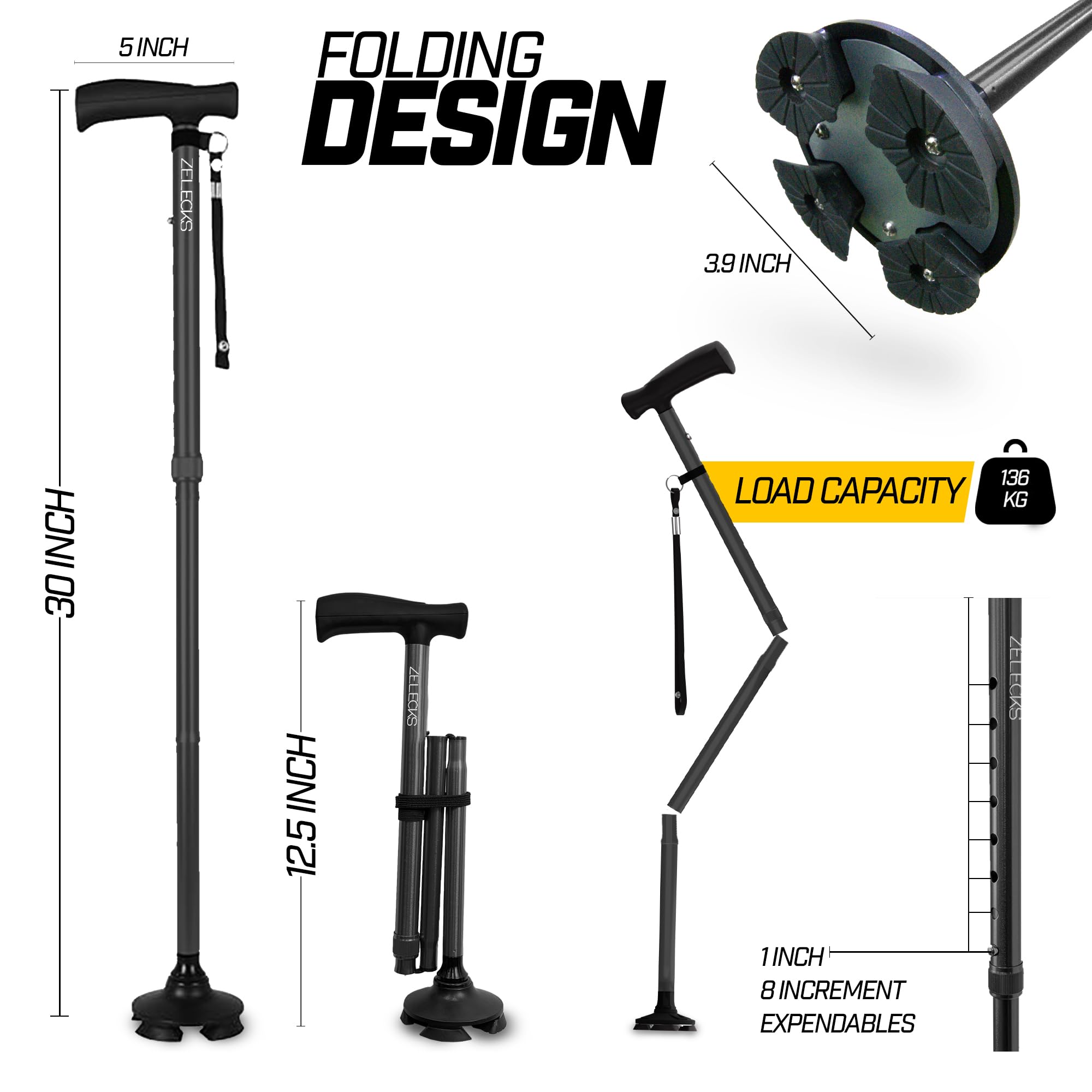 Walking Cane for Women & Men - Self Standing Adjustable Folding Cane with T Handle and 360 Pivot Base - Lightweight Foldable Walking Stick for Seniors - Collapsible Cane for Walking