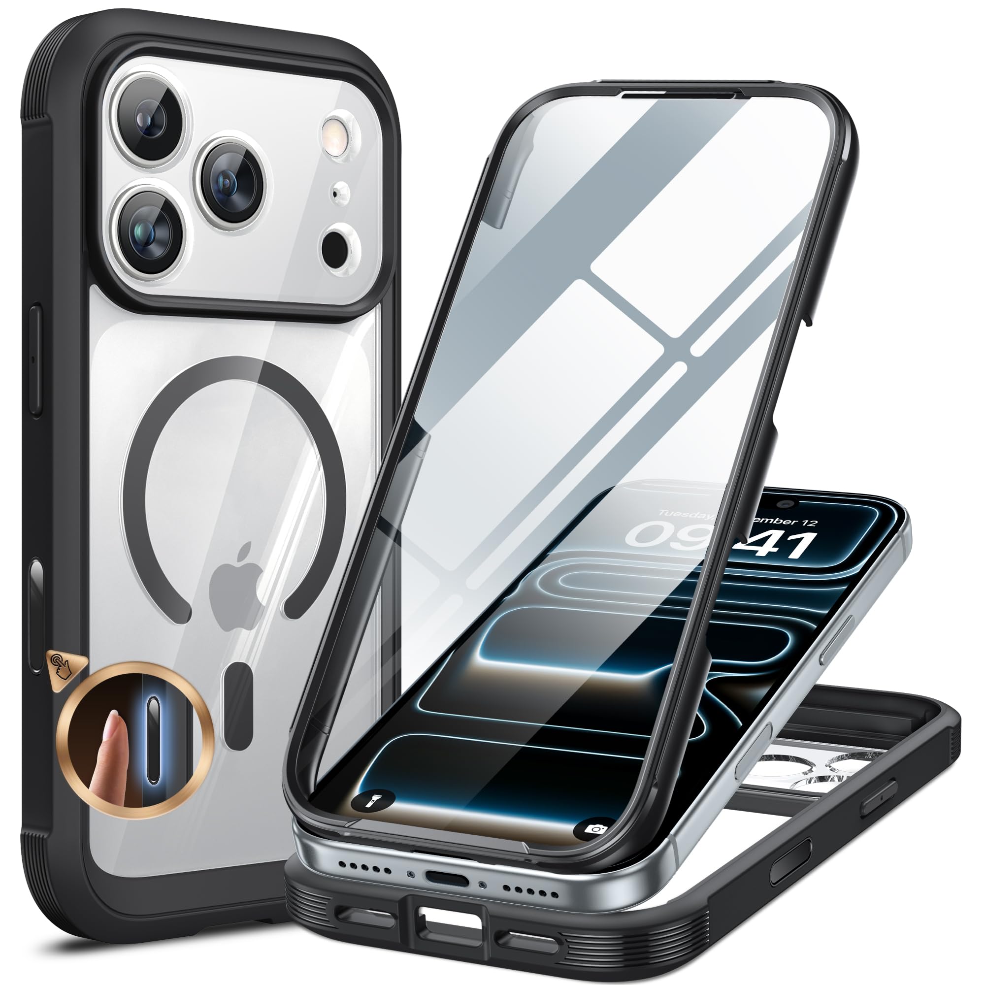 Photo 1 of Miracase for iPhone 17 Pro Max Case 6.9" Full-Body Phone Case with Built-in Glass Screen Protector& Full Camera Protector, Camera Control [Magnetic with MagSafe] Drop Proof 17 ProMax Cover, Black