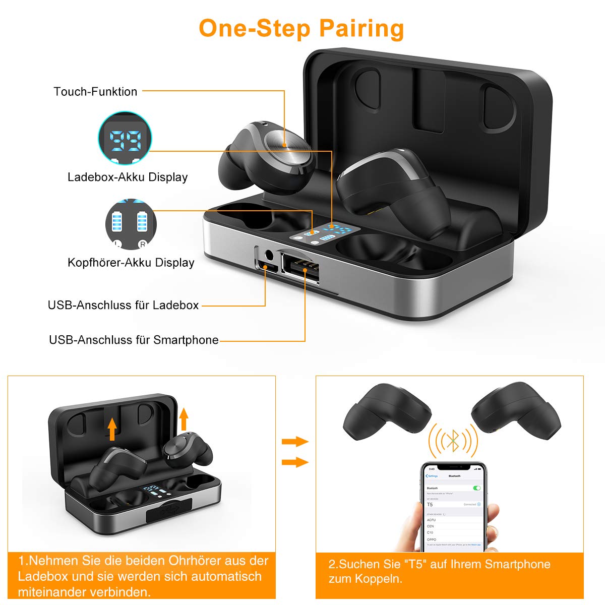 Bluetooth Kopfhörer In Ear Sport Kabellose Kopfhörer Bluetooth 5.0 Ohrhörer True Wireless Earbuds 3000mAh Batterie 7 Stunden Spielzeit One Step Pairing Touch-Funktion Hi-Fi Stereo IPX5 Wasserdicht