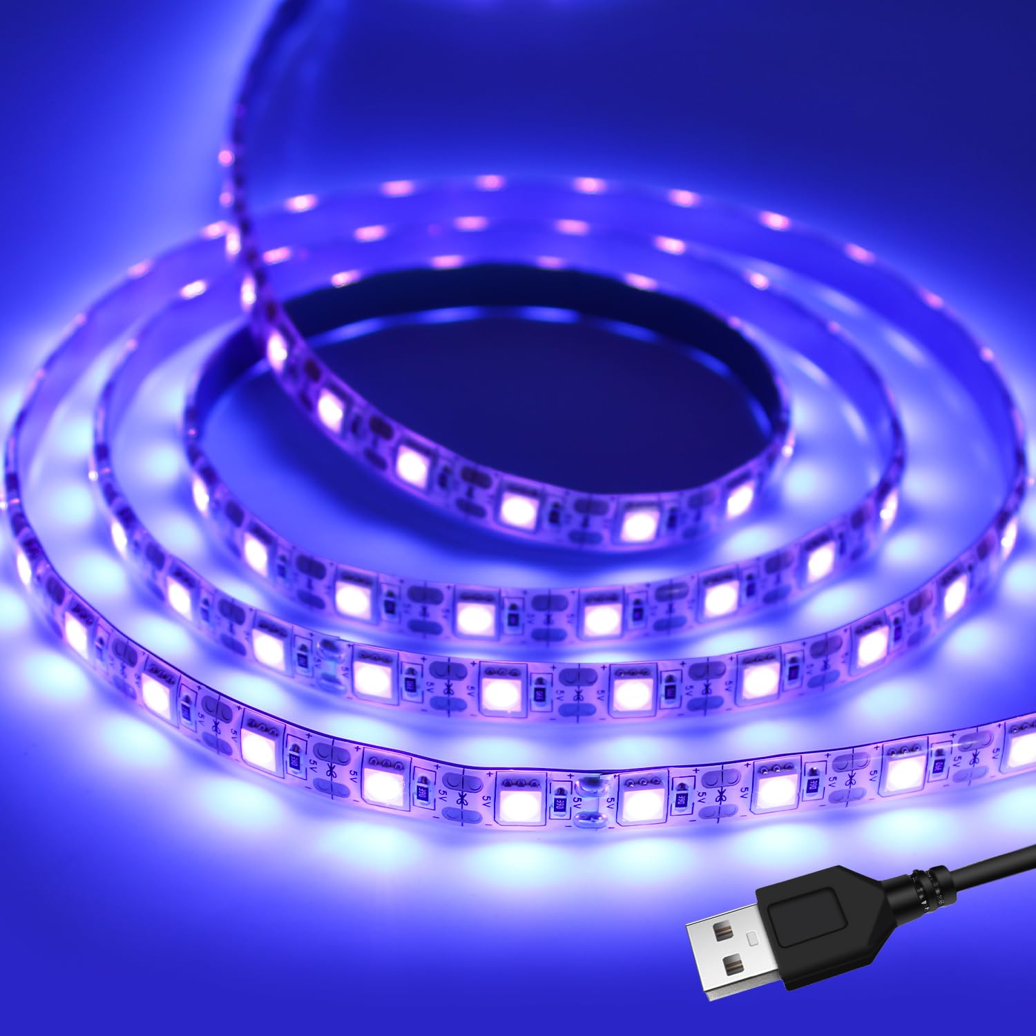 iNextStation UV Black LED Light Strip, 2M USB Cuttable Blacklight, SMD5050 UV LEDs 395nm-405nm, 5V Outdoor Waterproof Tape Lights for Parties Sterilization Fluorescent Poster DJ Disco Hotels Bar Decor
