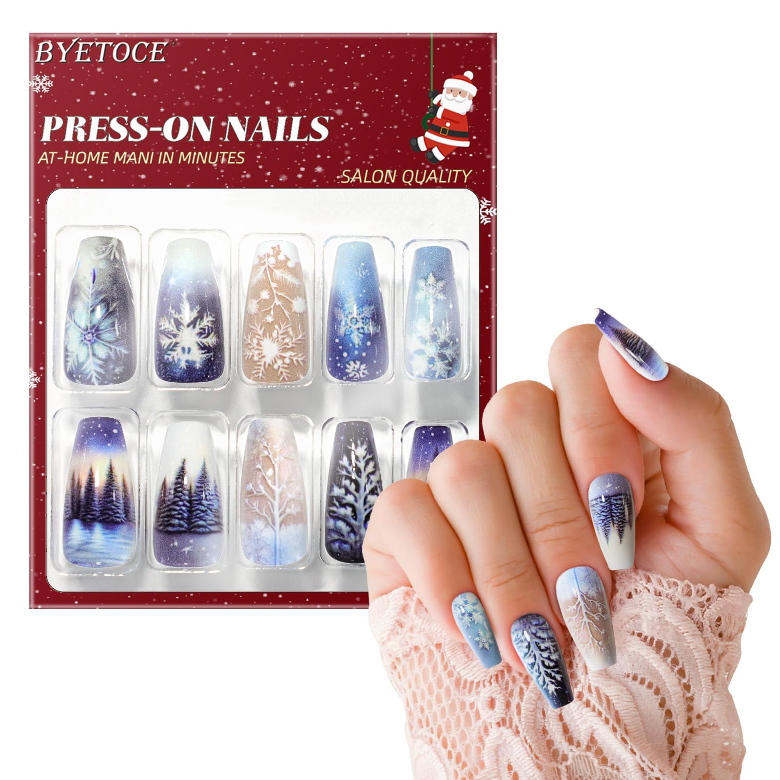 Winter Press on Nails Medium Square Fake Nails Winter Scenery with Snowflakes Design False Nails for Women Girl Christmas Manicure DIY Art Christmas Gift Packaging - Image 2