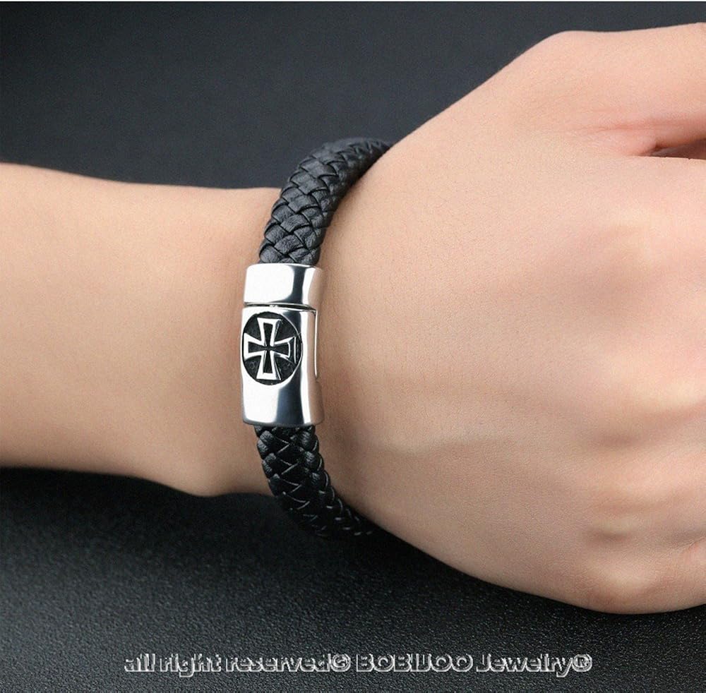 BOBIJOO JEWELRY - Leather Strap Steel Templar Cross Pattée 12mm - Black 22cm - Image 4