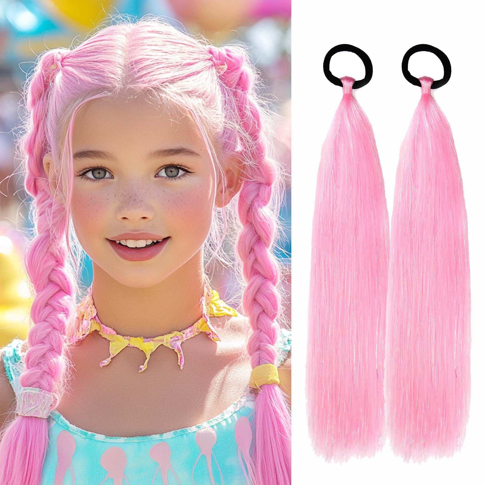 Rainbow Ponytail Extensions With Hair Tie 2 Packs 40g/Pack Coloured Hair Extensions for Braiding 18 inch Colorful Ombre Mermaid Pony Tail Synthetic Hair Extensions for Girl Women SSPink โ image 1