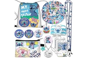 EMISOO Stitch Merchandise Stuff Gift Set for Girls, Stitch Anime Cartoon Drawstring Bag, Keychain Lanyard, Purse, Bracelets, Sticker (B)