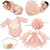 4 PCS Newborn Photography Props Outfits-BabyTutu Skirt Cute Bow Headdress and Lace Rompers Flower Headband Sets for Infants Girl Boy