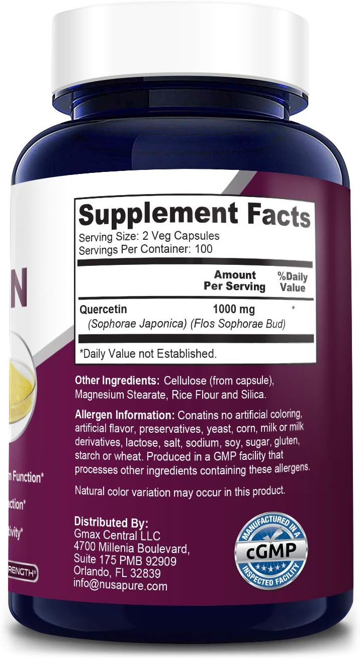 Quercetin 1000 mg 200 Vegetarian Caps (Non-GMO & Gluten Free) Dihydrate to Support Cardiovascular Health, Improve Anti-Inflammatory & Immune Response: Health & Personal Care