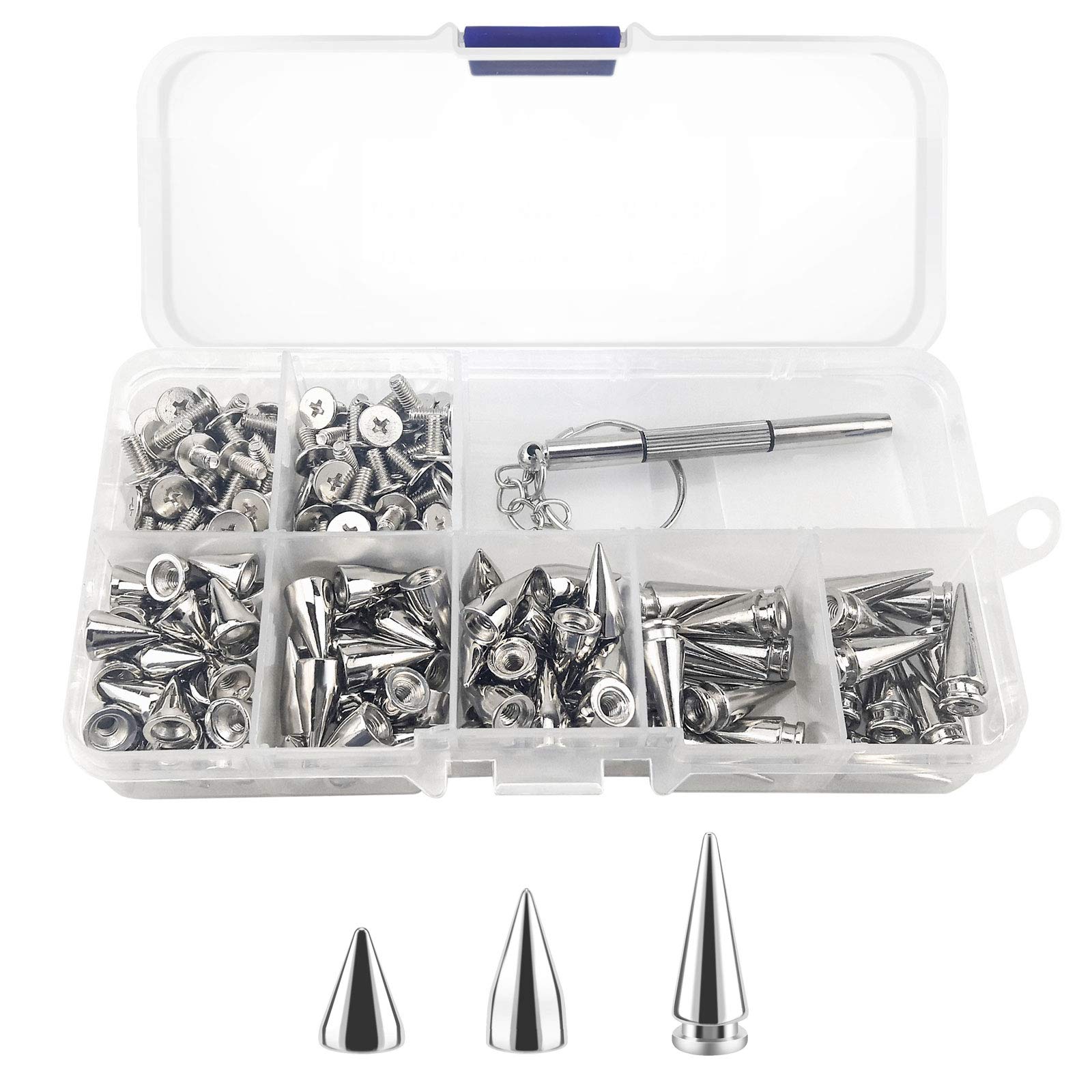 100pcs Cone Spikes Studs Rivets Punk Studs Screw Back Studs, for Bags DIY Leather Craft Bracelets Necklace Clothing Shoes,with Screwdriver (3 Size,Silver)