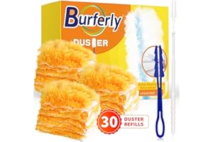 BURFERLY Duster Refills for Swiffer Dusters, Multi Surface 360 Degree Dusters Refills & 2 Handle, Disposable Heavy Duty Dusters Refills for Cleaning (30 Count + 2 Handle, White&Orange)