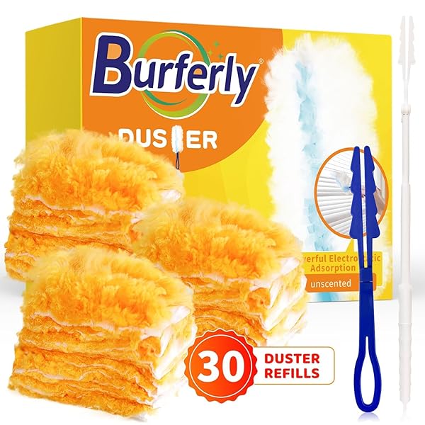 DUSTER REFILLS FOR SWIFFER DUSTERS, MULTI SURFACE 360 DEGREE DUSTERS REFILLS & 2 HANDLE, DISPOSABLE HEAVY DUTY DUSTERS REFILLS FOR CLEANING (30 COUNT + 2 HANDLE, WHITE&ORANGE)
