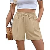 AKEWEI Linen Shorts Women Casual Wide Leg High Waisted Summer Pants Comfy Elastic Waist Drawstring Shorts with Pockets
