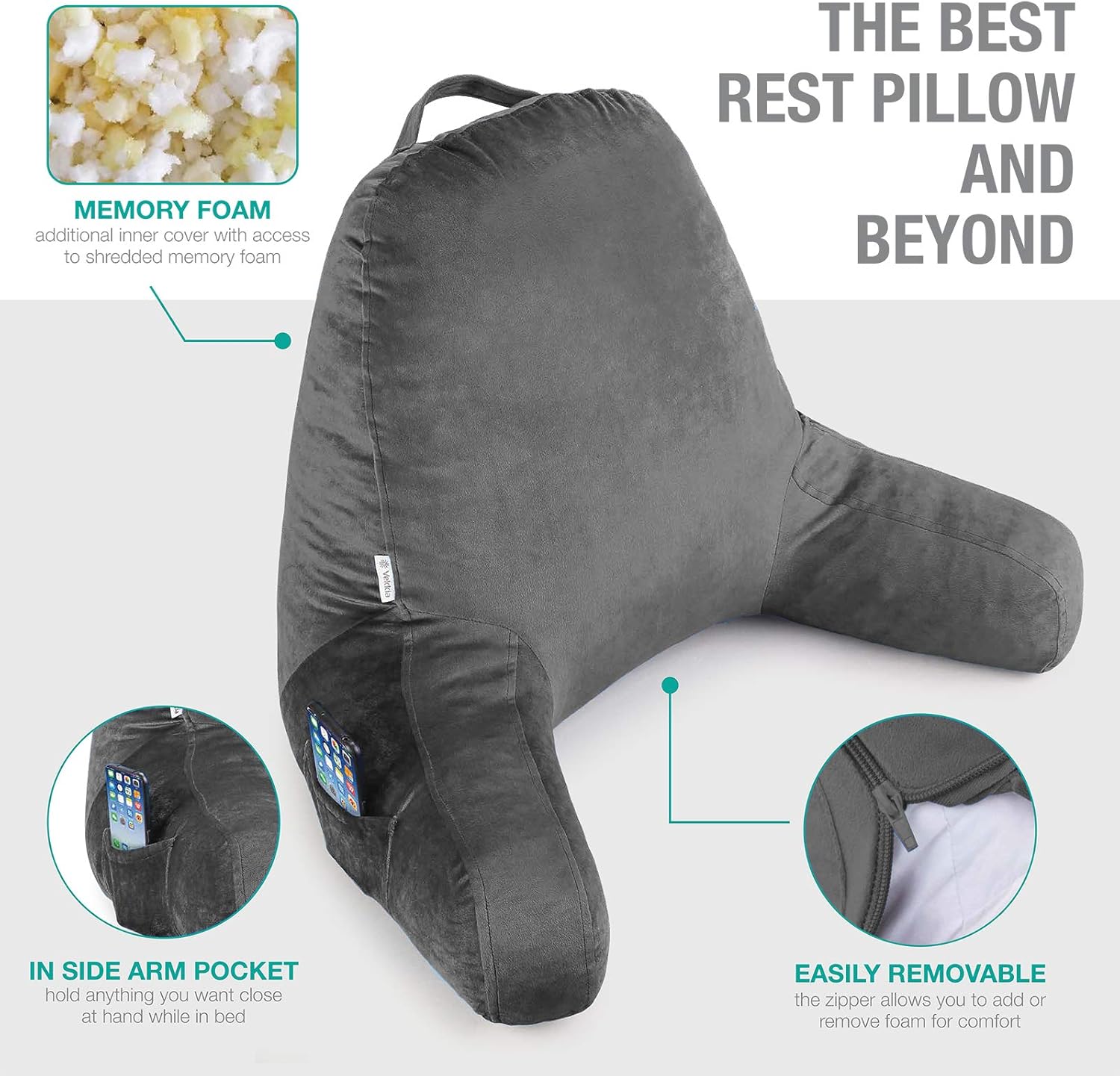 Vekkia Back Pillows for Sitting in Bed/Reading & Bed Rest Pillow for Study/Reading/Watching TV Backrest Pillow with Arms Sit Up Extra Foams Incl. Bed Chair Suitable for Adults and Kids (Grey 20in): Home Improvement