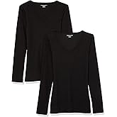 Amazon Essentials Womens Slim-Fit Layering Long Sleeve Knit Rib V-Neck Shirts (Available in Plus Size)