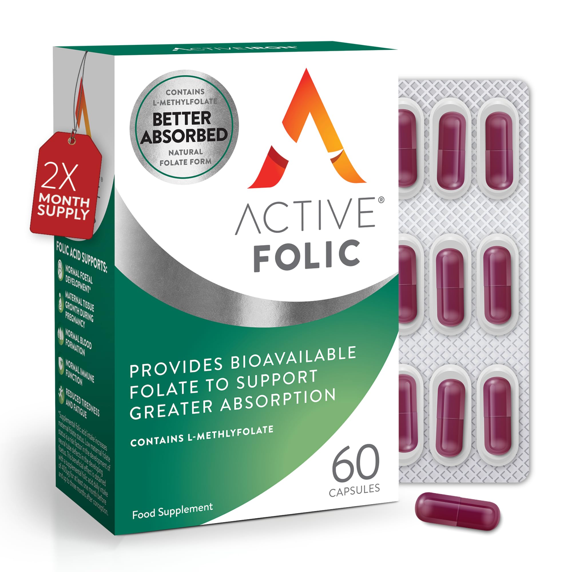 Active Folic 400 mcg – L-Methylfolate Folic Acid Supplement – Highly Absorbed, Vegan – Supports Pregnancy, Energy, Tiredness & Fatigue Reduction – 60 Capsules (2-Month Supply)