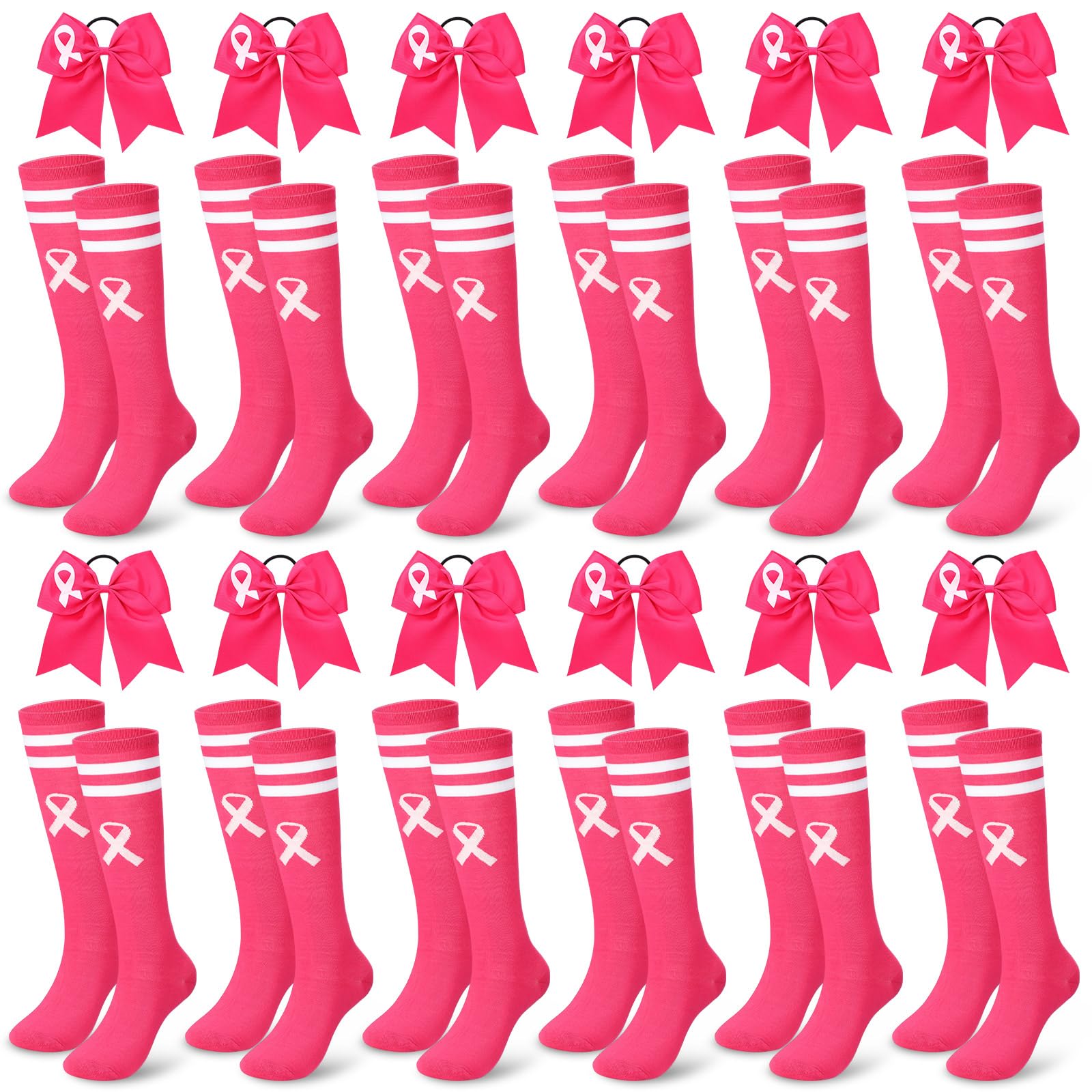 Photo 1 of Zoooyawn 24 Pcs Breast Cancer Socks Bows Set for Cheerleader, Pink Cheer Awareness Socks Cheerleader Bows Gifts (M)