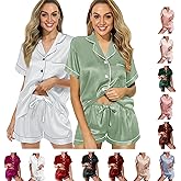 WJing Yi Jia 2 Pack: Silk Pajamas XS-2XL Womens Satin Pajama Set Bride Soft Pj Lounge Sets Pjs Shorts Set Short Sleepwear