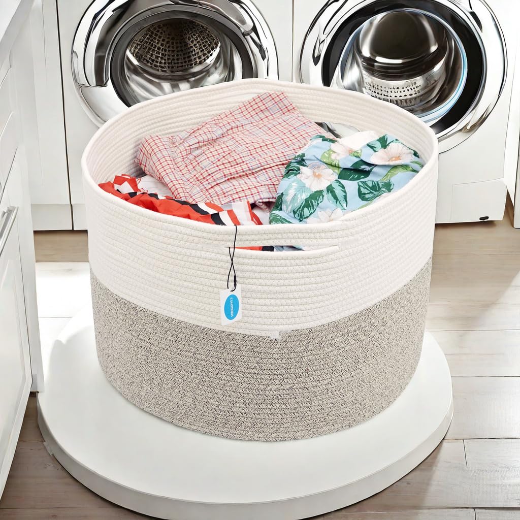 Casaphoria XXXLarge Cotton Rope Basket for Living Room - Woven Storage Basket with Handle for Blankets, Towels and Pillows Laundry Hamper | White and Brown (22