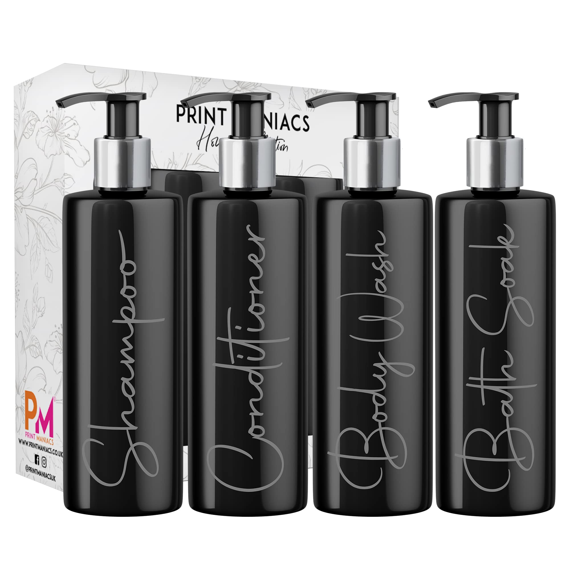 Print Maniacs Mrs Hinch Inspired Black Personalised Dispenser Silver Pump Bottles Set 4 (GREY,F2)