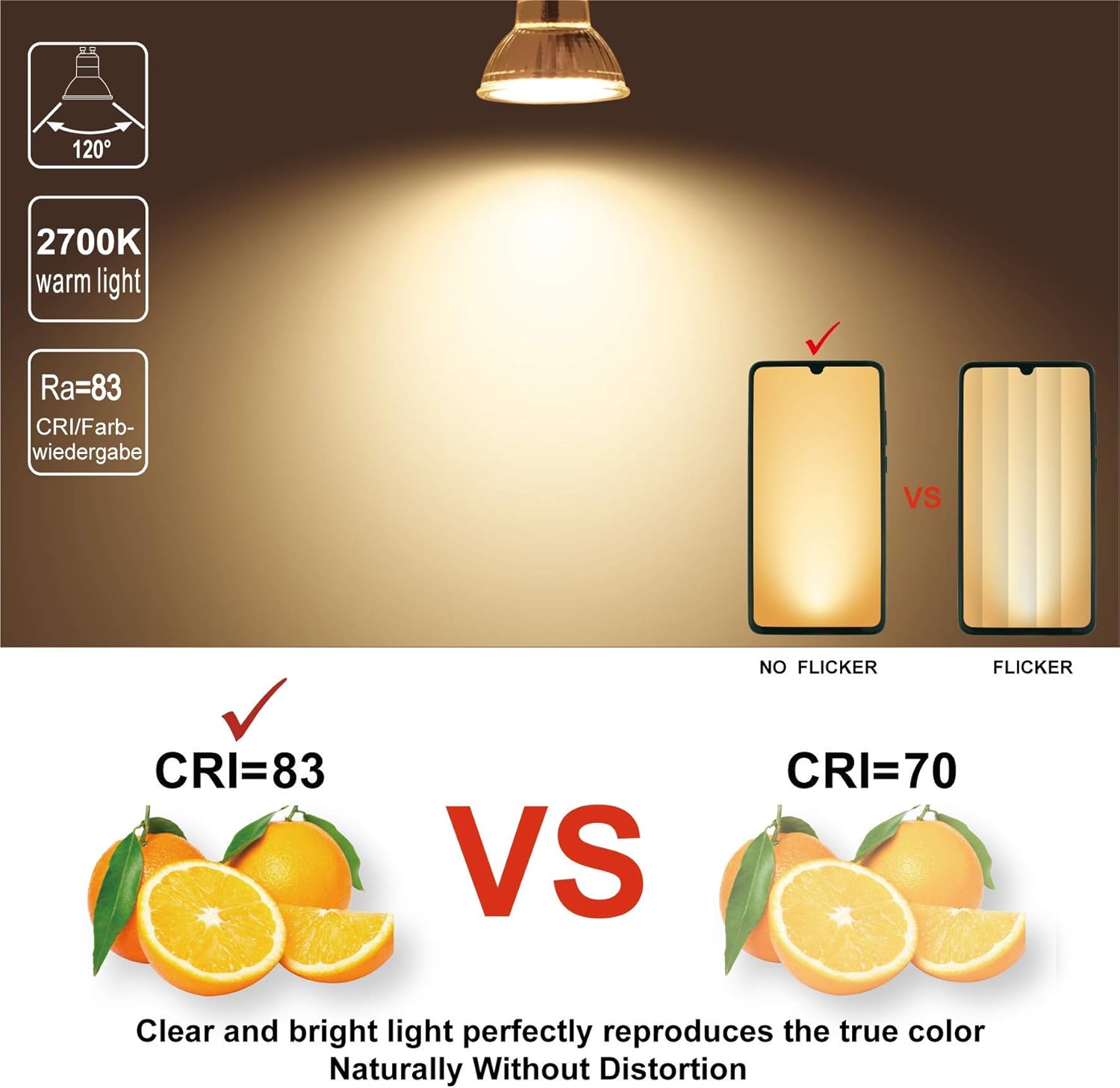 EACLL GU10 LED Bulbs Warm White 4.9W Equivalent 70W Halogen, Pack of 6, 515 Lumens 2700K, AC 230V Flicker-Free Spot Light - Image 4