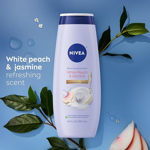 NIVEA REFRESHING WHITE PEACH AND JASMINE BODY WASH WITH NOURISHING SERUM, SCENTED BODY WASH FOR WOMEN, ENRICHED WITH PROVITAMIN B5 AND VITAMIN E, 20 FL OZ BOTTLE