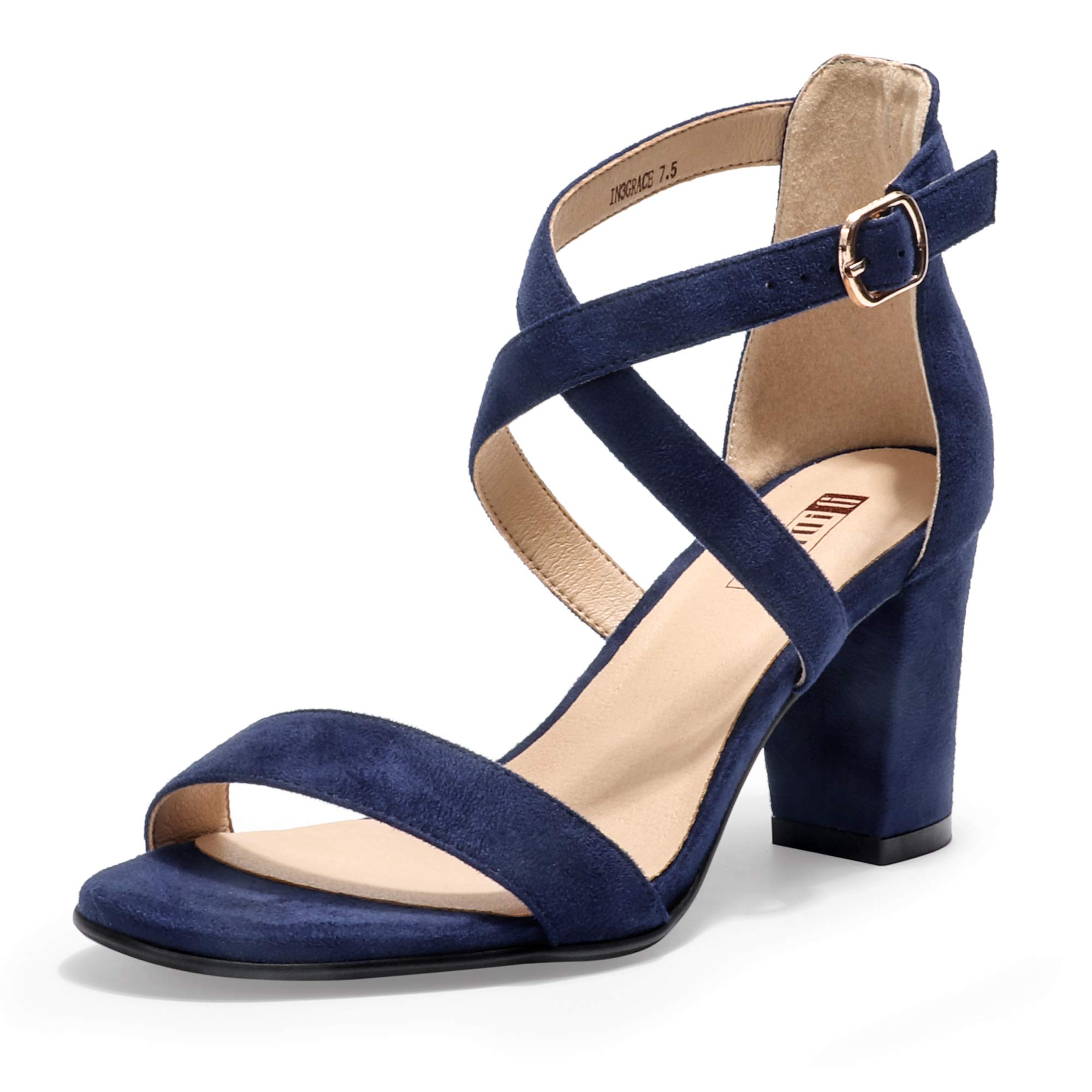 IDIFU Women's IN3 Grace Strappy Block Heels Sandals Comfy Open Toe Chunky Dress Wedding Shoes with Adjustable Cross…