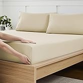 King Size Fitted Sheet Only with Full Elastic & Built in Corner Sheet Straps to Prevent Shifting - Soft & Breathable Brushed Microfiber Bottom Sheet, King, Beige/Cream