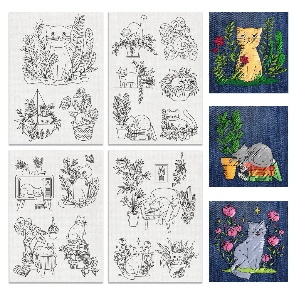 BENECREAT 4 Sheets 16Pcs Cat Water Soluble Embroidery, 30x21cm Home Plants Cats Stick and Stitch Embroidery Paper Stabilizer Water Soluble Hand Sewing for Shirts, Coats, Bags