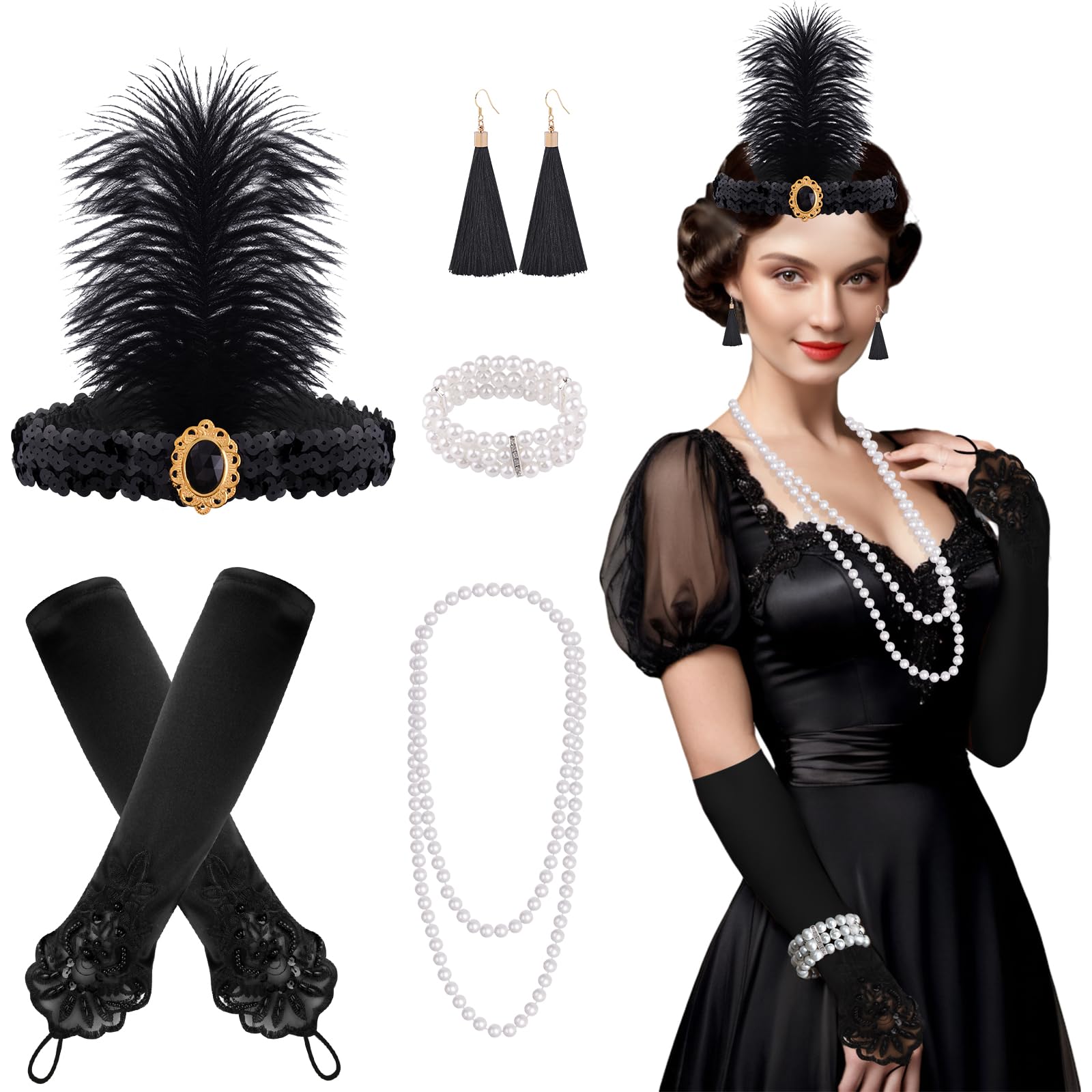 FEPITO 8-Piece 1920s Flapper Great Gatsby Accessories Set Fashion Roaring 20's Theme Set with Headband Headdress Long Black Gloves Necklace Earrings for Women (Set D)