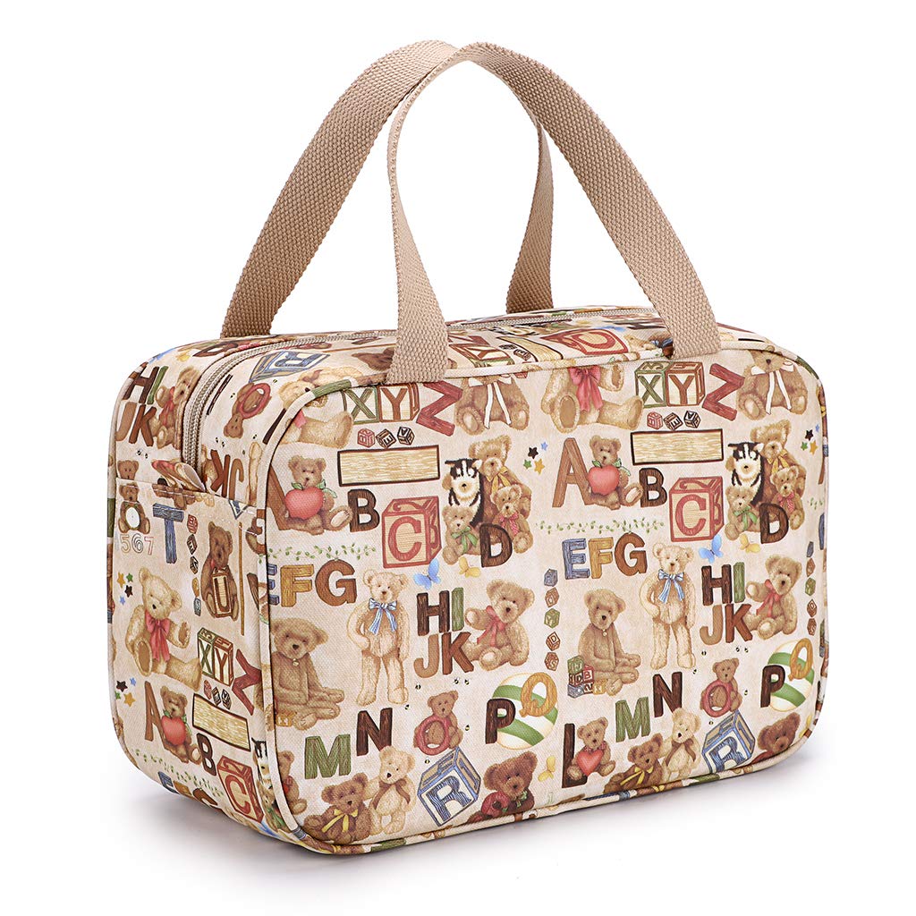 IGNPION Woman Large Travel Toiletry Bag Waterproof Wash Bag Make up Organizer Bag Cosmetic Bag Swimming Gym Bag(Khaki Letter Bear)