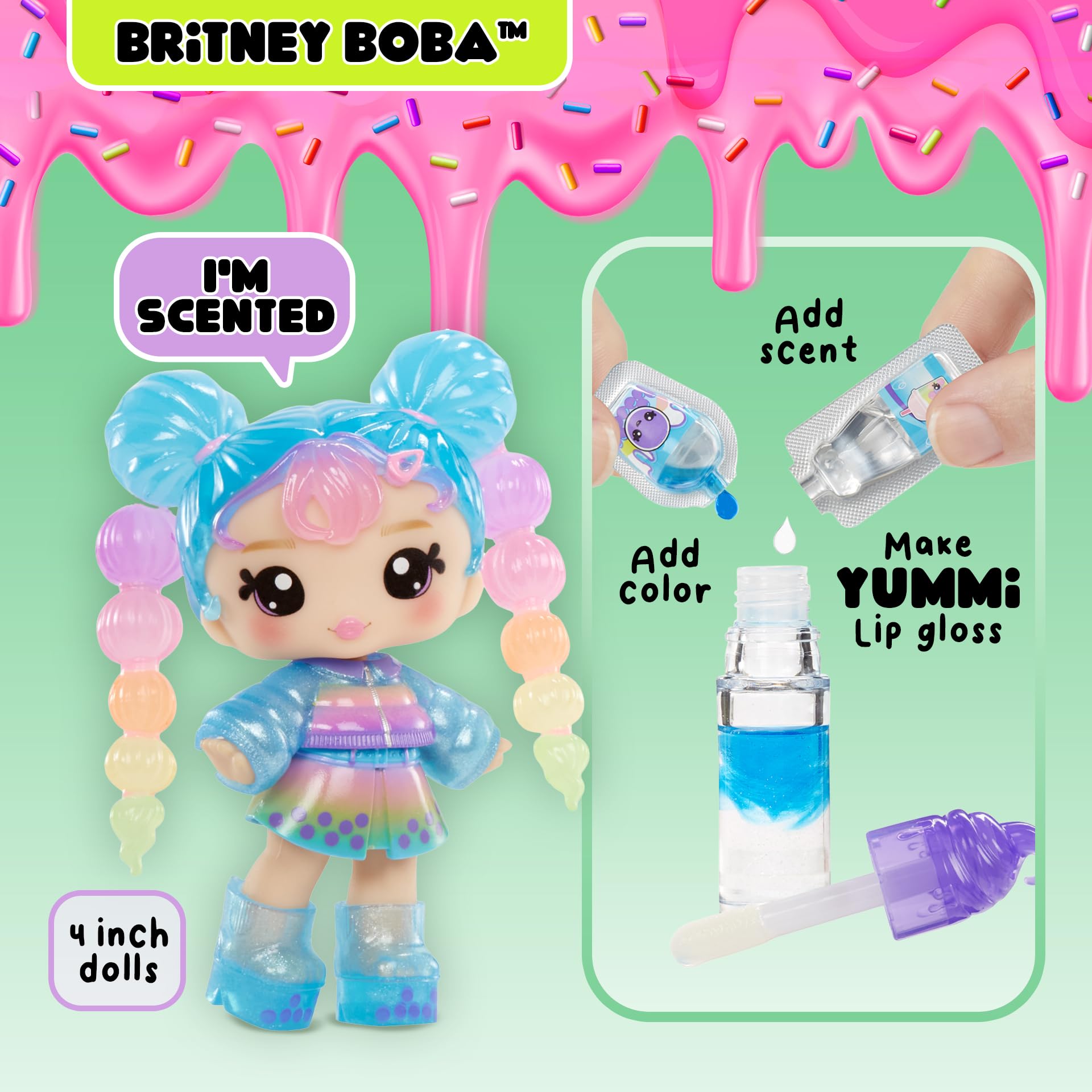 Yummiland Lip Gloss Doll - Britney Boba, with DIY Lip Gloss Kit, Ages 4+