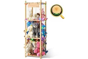 Hsenowi Stuffed Animal Storage Zoo Organizer Natural Pine Plushies Storage with Elastic Bands Vertical Wood Toy Holder Mesh N