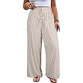 Eytino Womens Plus Size Wide Leg Pants Elastic High Waist Striped Casual Palazzo Pants Lounge Trouser with Pockets (1X-5X)