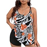 MakeMeChic Women's Plus Size Tankini Bathing Suits Tropical Swim Tank Top with Boyshorts 2 Piece Swimsuit
