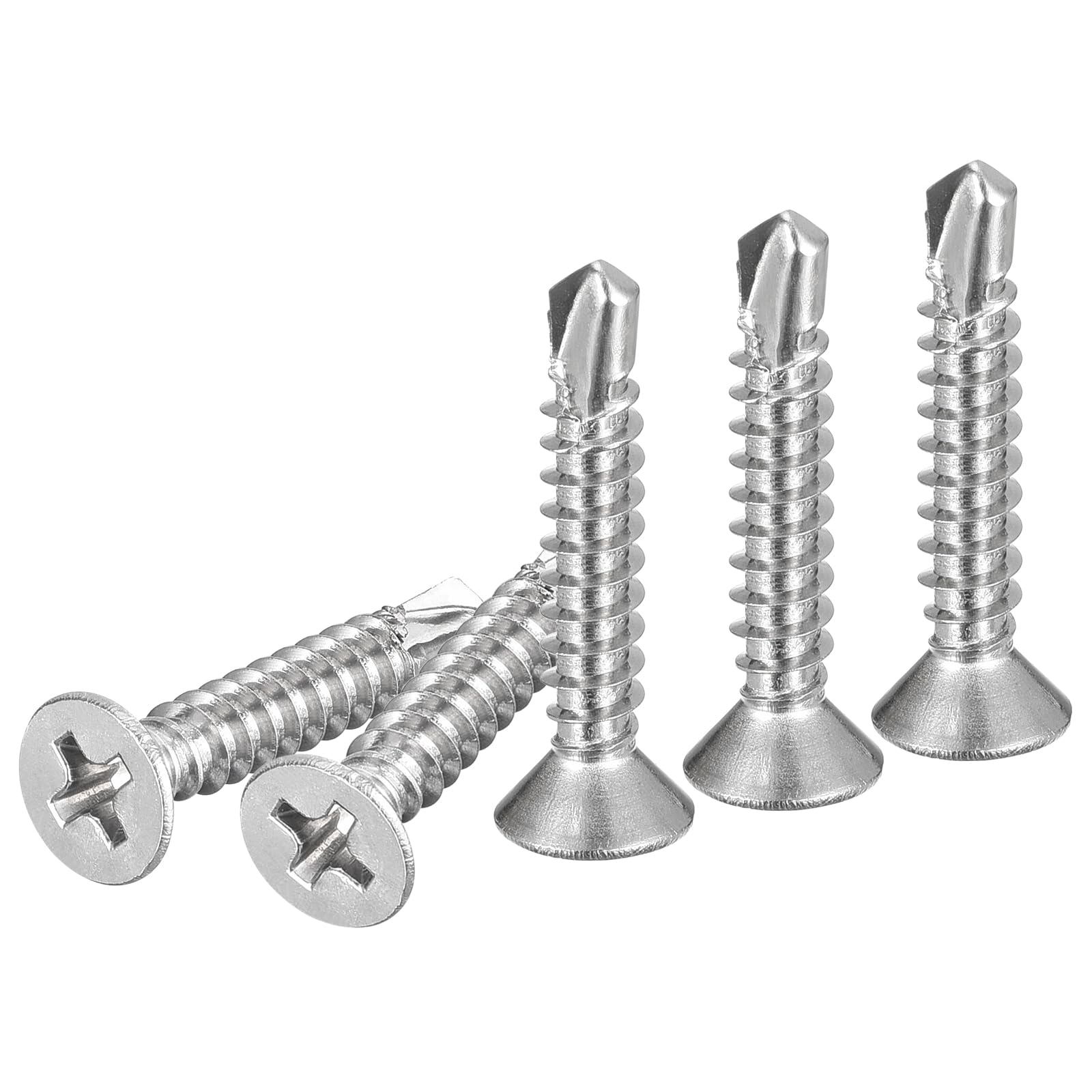 DTGN 100Pcs ST4.2x25mm Self Drilling Screws, 304 Stainless Steel Flat Head Phillips Sheet Metal Screw - Good for Wood to Metal, Furniture - Silver