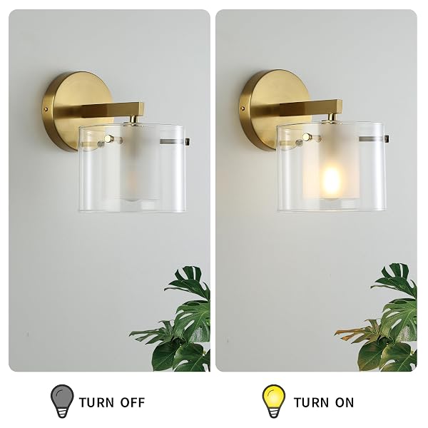 BREOMO BATHROOM WALL SCONCES, WITH DOUBLE CLEAR GLASS SHADES, GOLD WALL LIGHTS FOR BEDROOM, HARDWIRED MODERN VANITY LIGHTS FOR LIVING ROOMS, AND HALLWAYS. E12 SOCKET (GOLD, 2 PIECES)