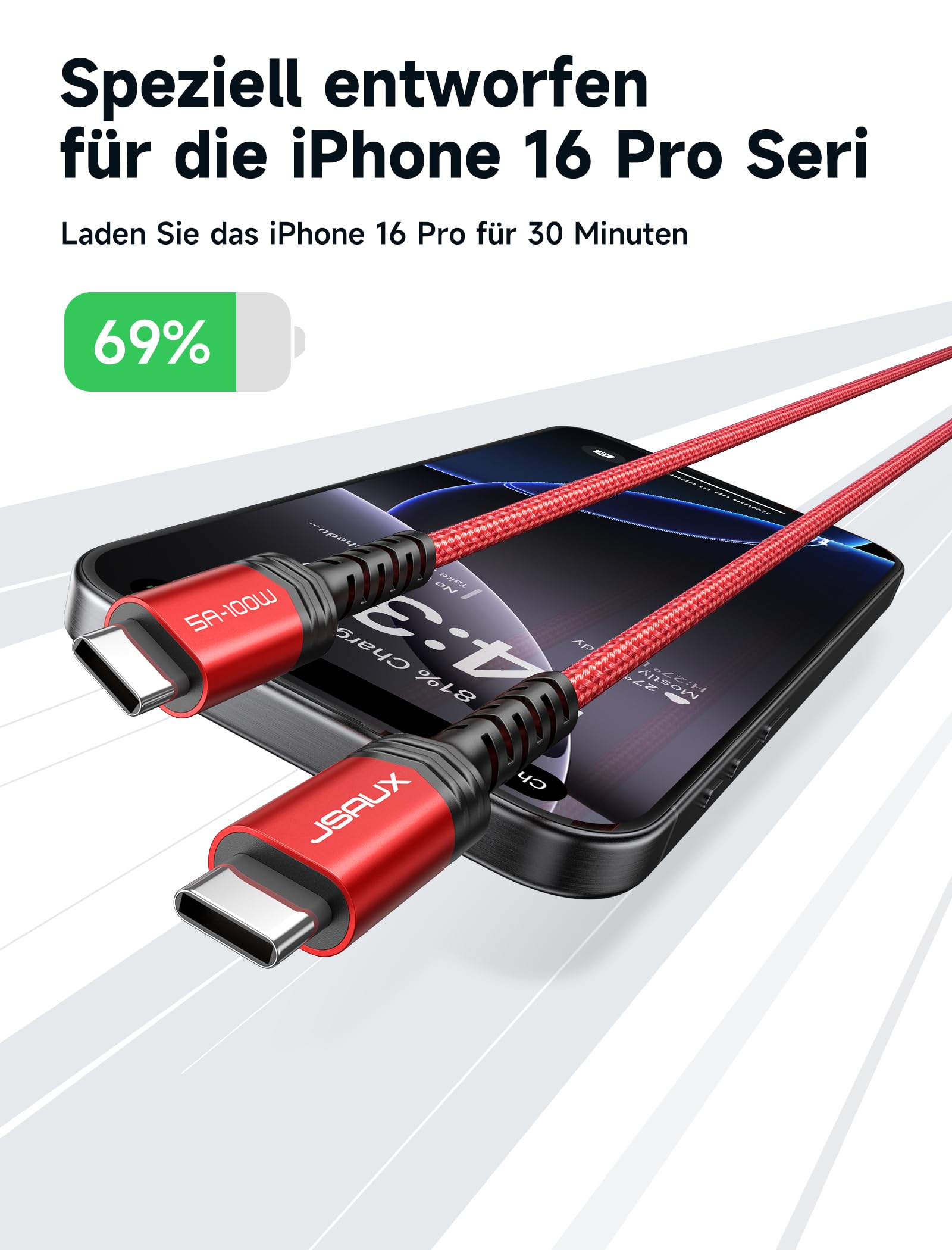 JSAUX USB C auf USB C Kabel für iPhone 17, 100W/5A USB C Gewebtes Ladekabel Schnellladekabel Kompatibel mit iPhone 17 Air 16 15 Pro Max Samsung Galaxy S25 S24 A54 MacBook iPad (2-Stück 2M+2M) Rot 2
