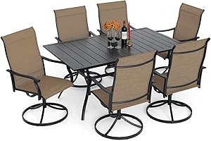 Anmutig 7 Piece Dining Patio Table Set with Swivel Rocker Chairs High Back Textilene, 6 People Table w/Hole 1.57 Front Porch Pool Deck Back Yard Outdoor Outside Furniture Set Brown