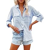 OMSJ Women's Striped Button Down Shirts Casual Long Sleeve Stylish V Neck Blouses Tops with Pockets