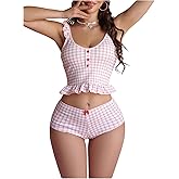 SHENHE Women's Lingerie 2 Piece Gingham Ruffle Crop Top Boyshort Panty Coquette Pjs Lingerie Set
