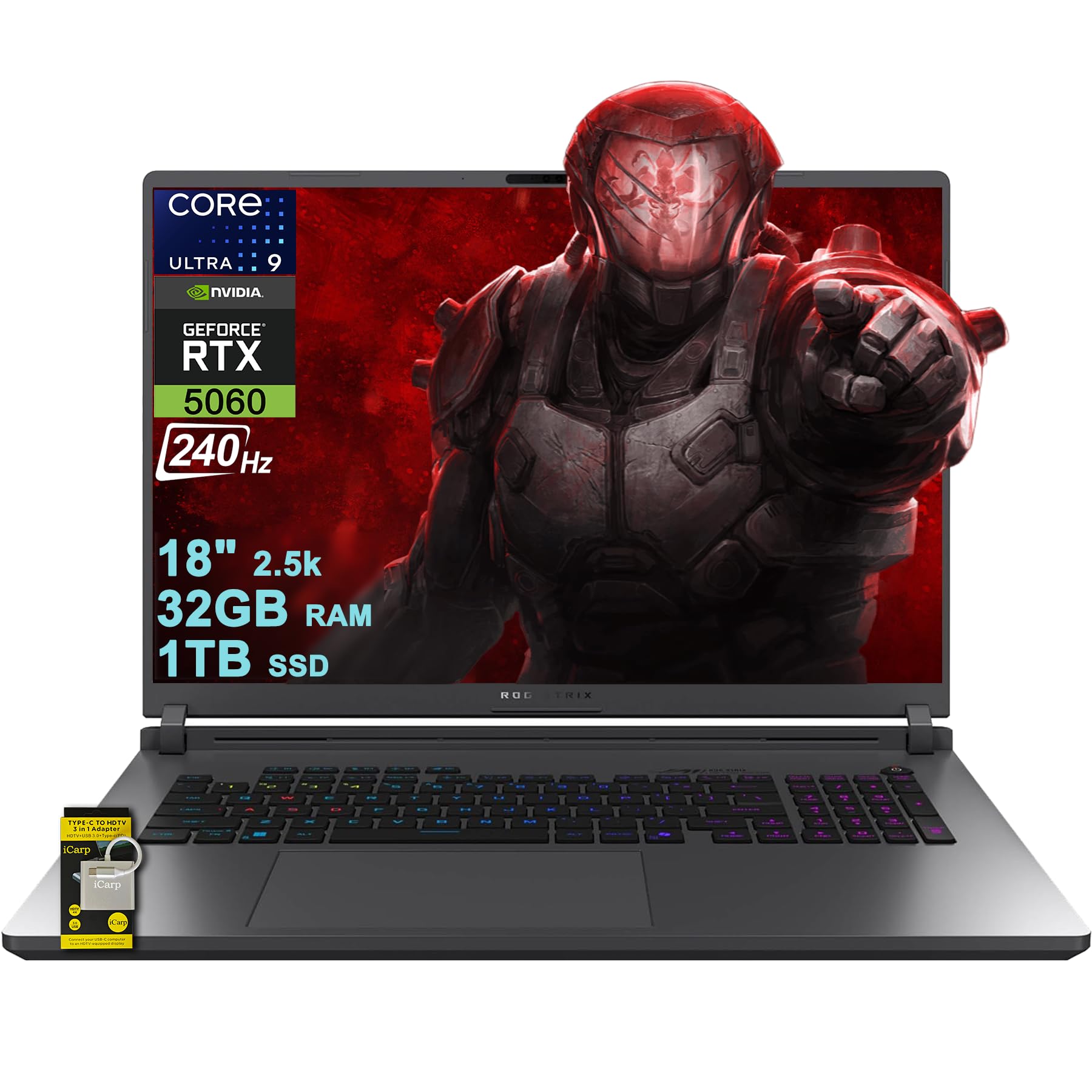 ASUS ROG Strix G18 G815 Gaming AI PC Laptop 18" 2.5k (2560x1600) 240Hz (100% DCI-P3) Intel 24-core Ultra 9 275HX 32GB RAM 1TB SSD GeForce RTX 5060 (Up to 572 AI Tops) RGB Backlit WiFi7 Win11 ICP Hub