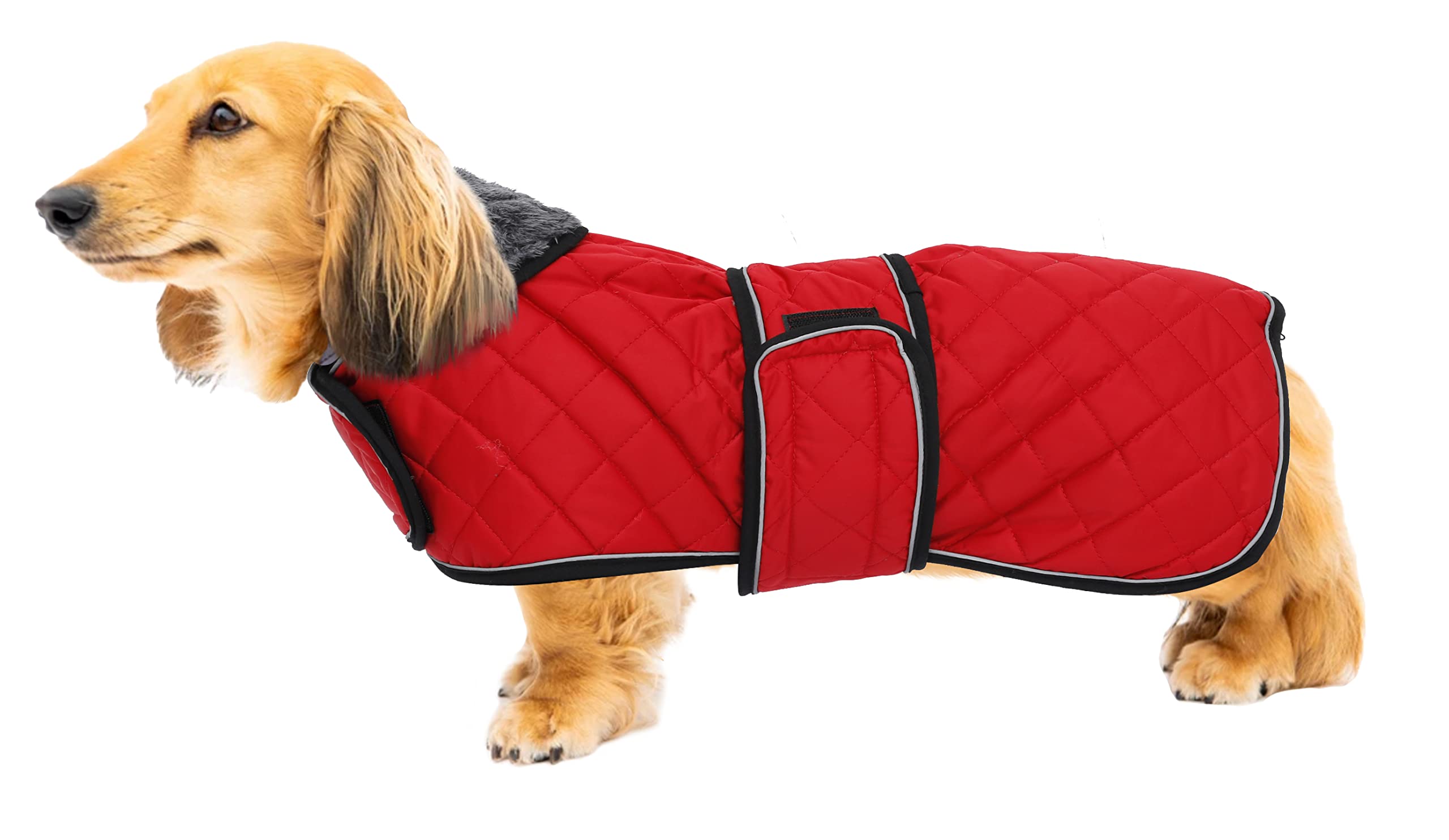Geyecete Warm Thermal Quilted Dachshund Coat, Dog Winter Coat with Warm Fleece Lining, Outdoor Dog Apparel with Adjustable Bands for Small,Medium, Large Dog-Red-L