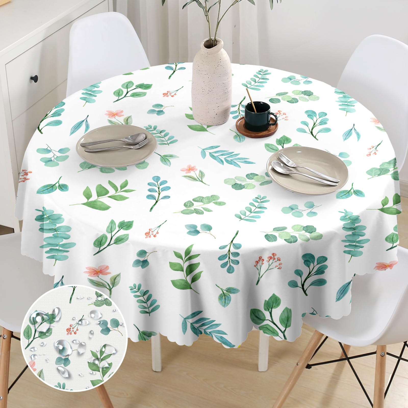 G-dake Round Tablecloth Wipeable, Eucalyptus Leaf& flowers Circular Table Cloth Waterproof Wrinkle and Stain Resistant Polyester Table Cover for Kitchen Dinner Picnic Party Outdoor (150cm)
